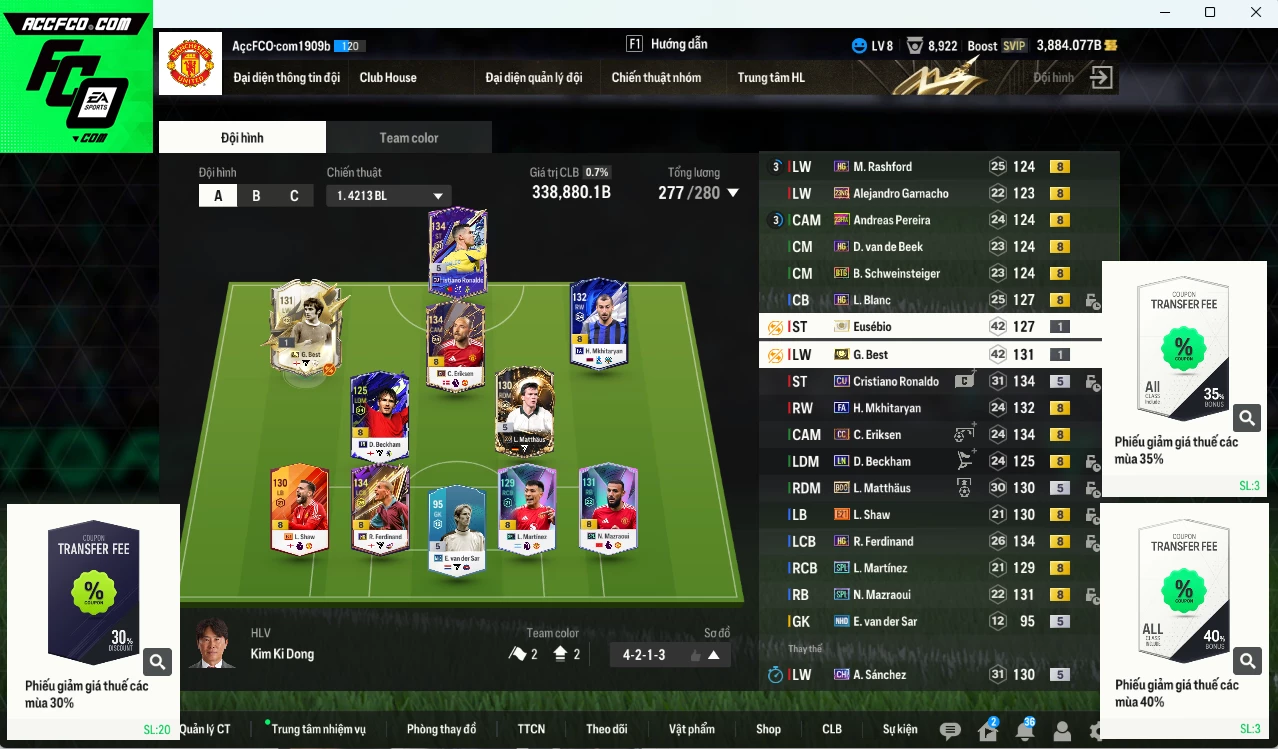 Man Utd. 338.880b có CR7 CU, Beckham LN, Matthaus BDO, Best ITM khóa, Shaw E21,  Mazraoui SPL, Ferdinand HG, Blanc HG, Rashford HG, Mkhitaryan FA, Eriksen CC... Còn nhiều CP GIẢM THUẾ